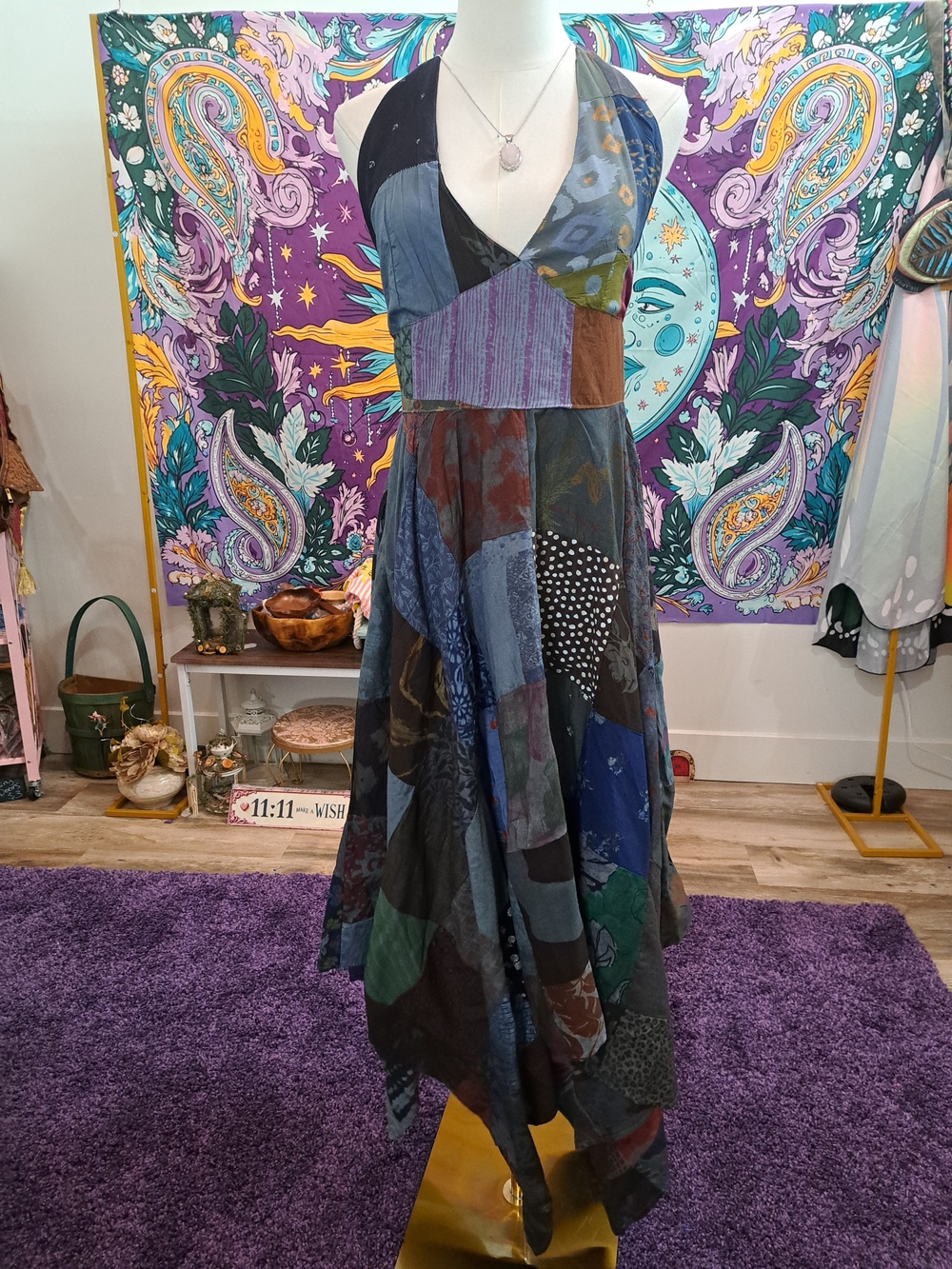 Shadowpatch Wanderer Patchwork Halter Maxi Dress | One-of-a-Kind Boho Fairy Dres